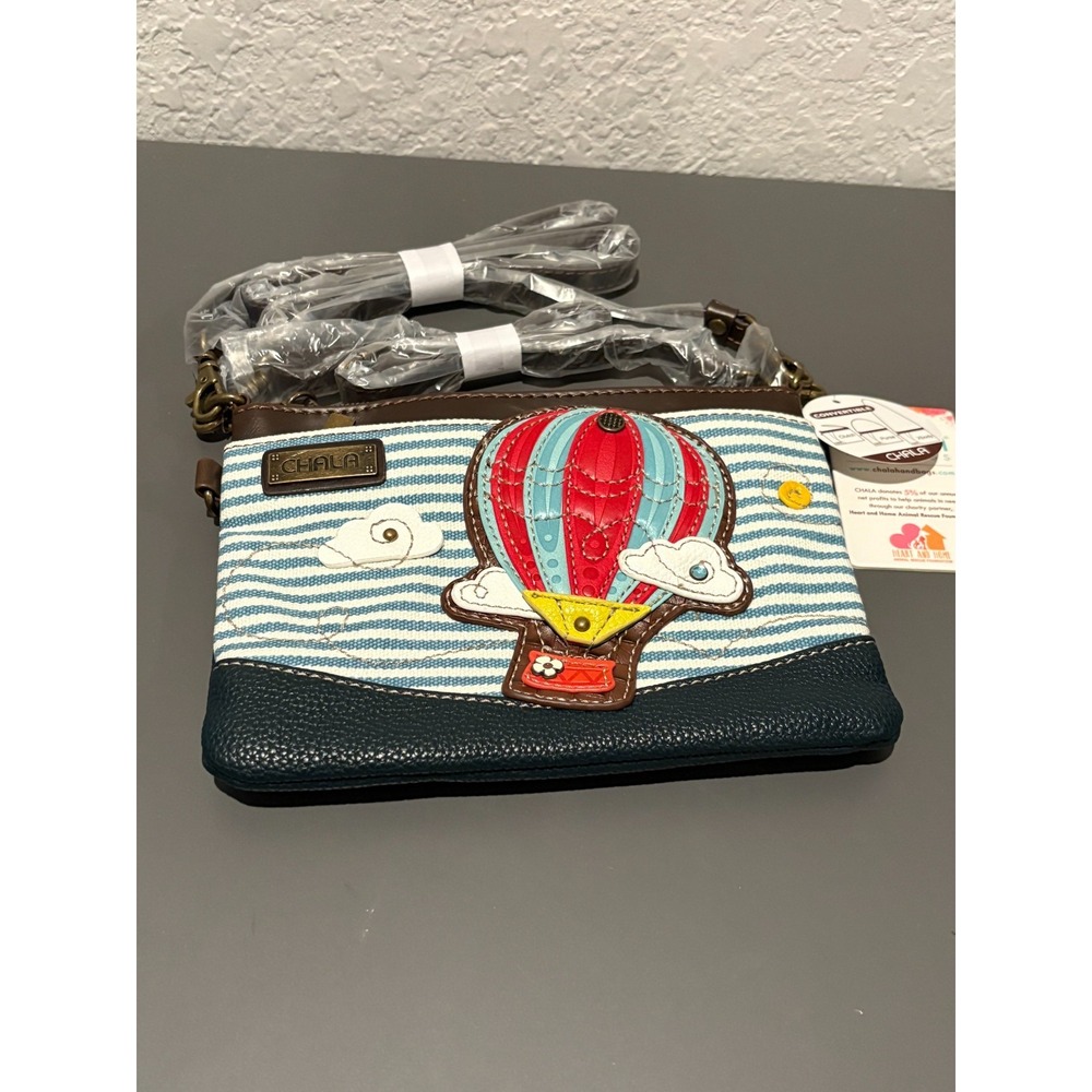 NWT CHALA Hot Air Balloon Mini Crossbody Handbag Purse Clutch Blue Stripe Leathe